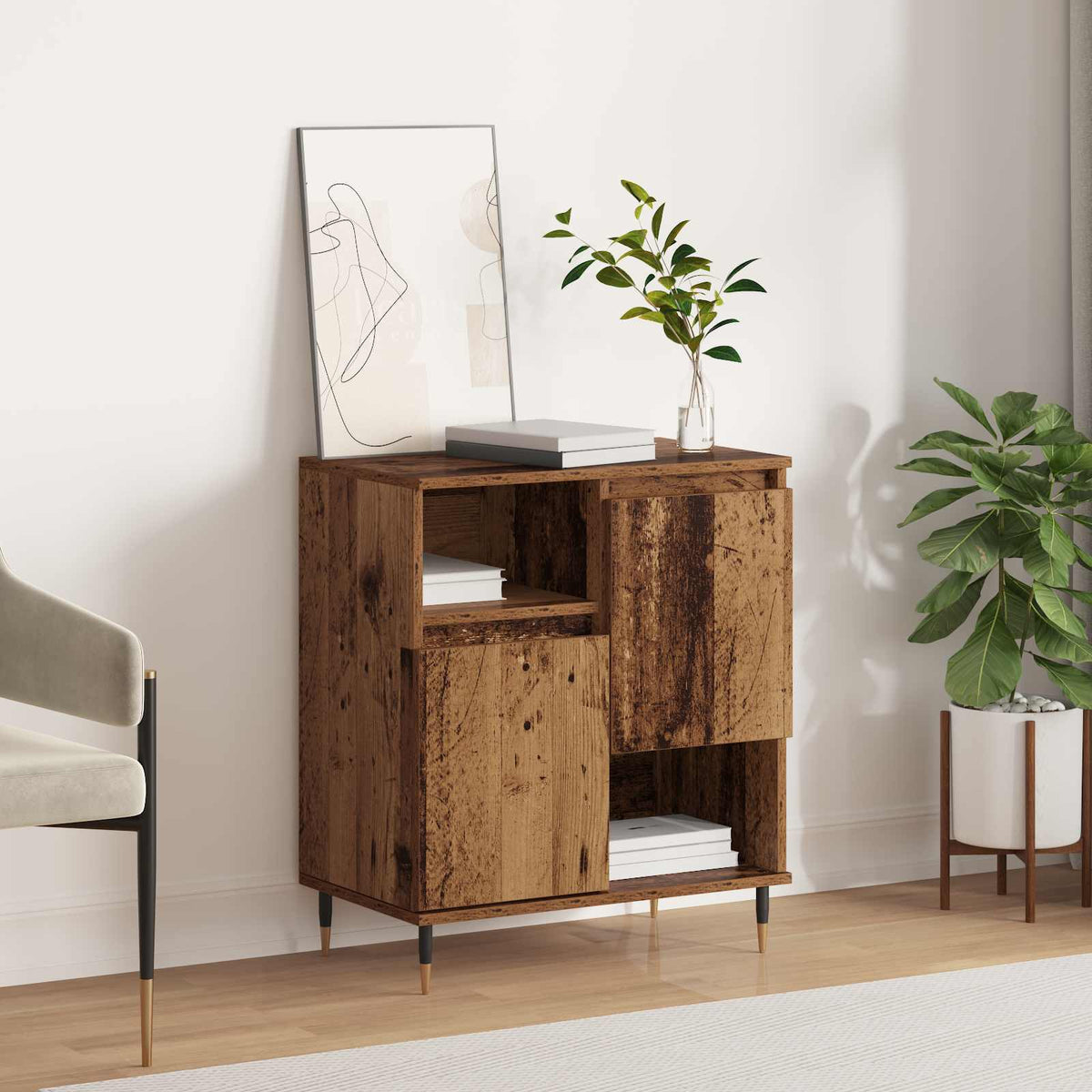 vidaXL Sideboard Old Wood placed in a bright living room with a plant and a framed picture on top