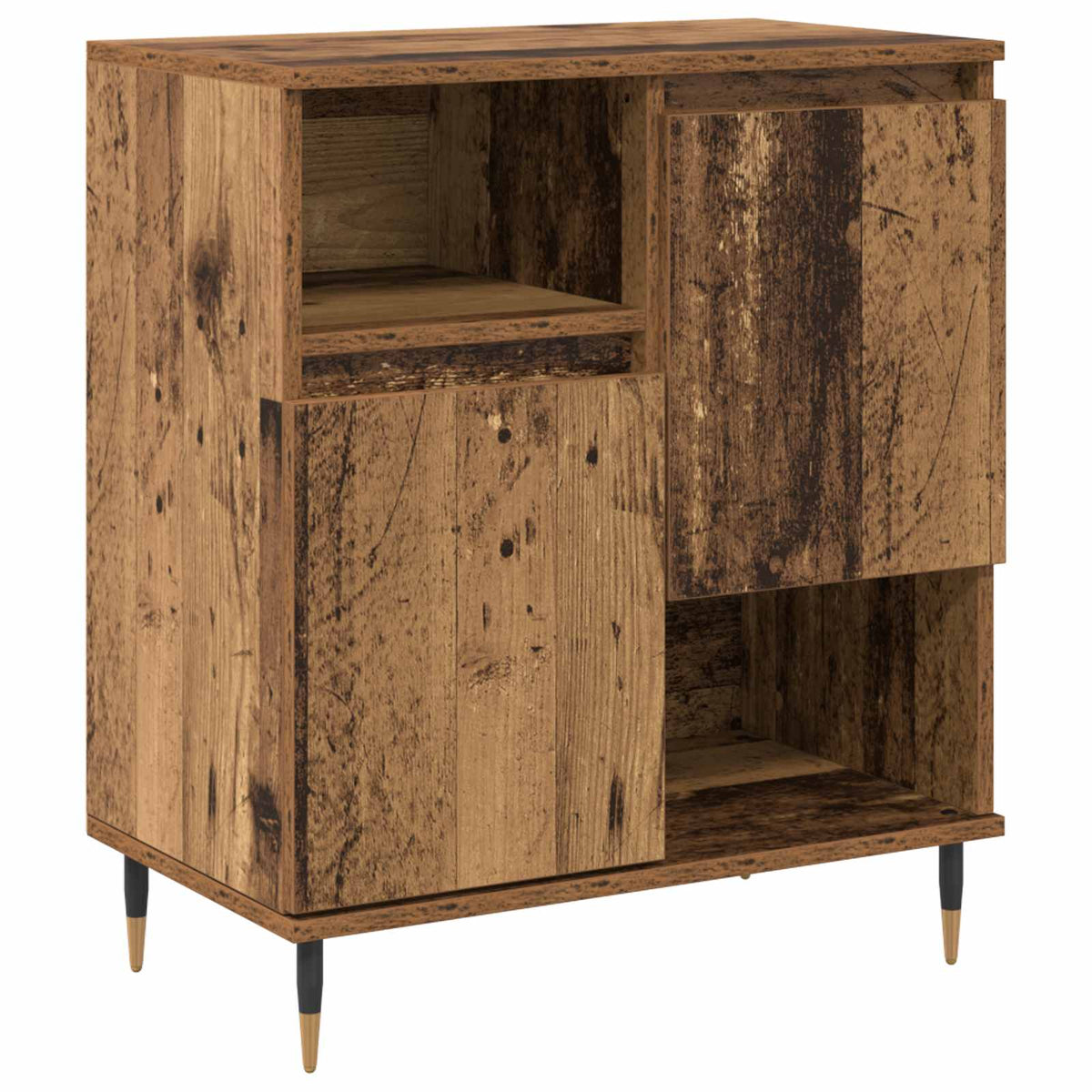 The wooden sideboard featuring two closed doors and two open storage compartments