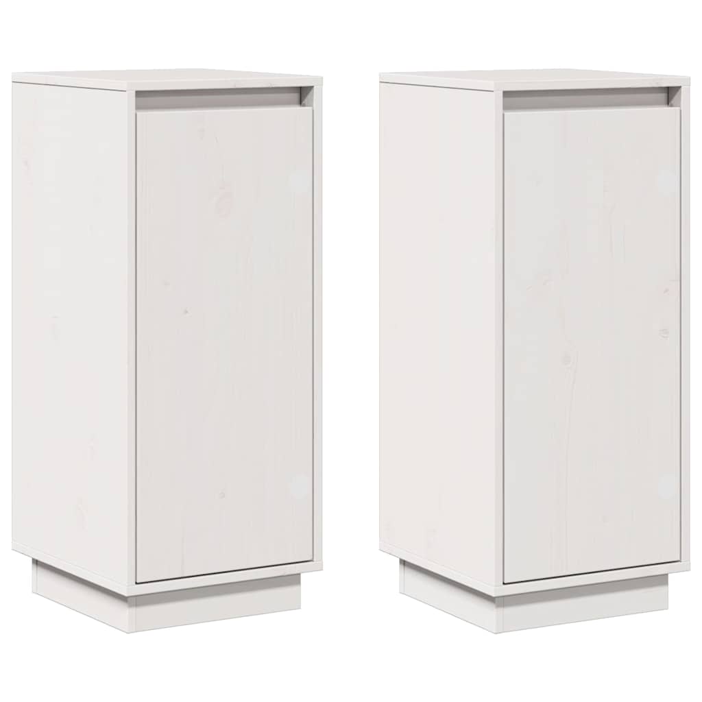 Two tall white wooden sideboards standing upright against a plain background