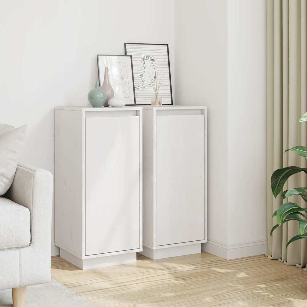 Sideboards 2 pcs White Solid Wood Pine placed in a bright living room corner next to a sofa
