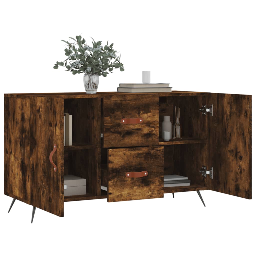 The sideboard with both cabinet doors open and two central drawers pulled out slightly