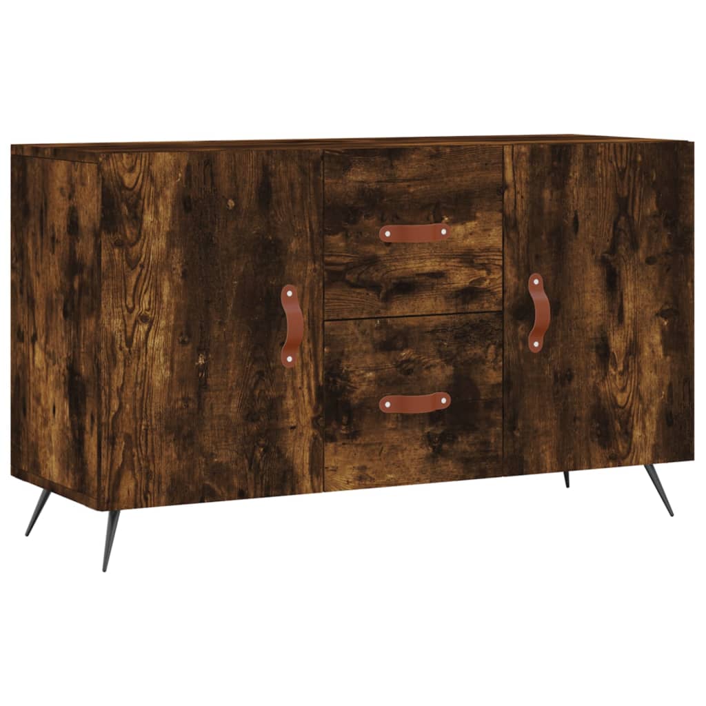 The sideboard featuring a dark wood grain finish and brown leather handles on a white background