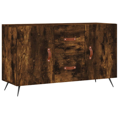 The sideboard featuring a dark wood grain finish and brown leather handles on a white background