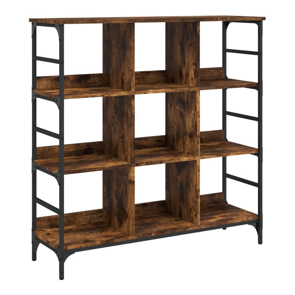 The sideboard has nine open shelves with a dark wood grain finish and black metal frame