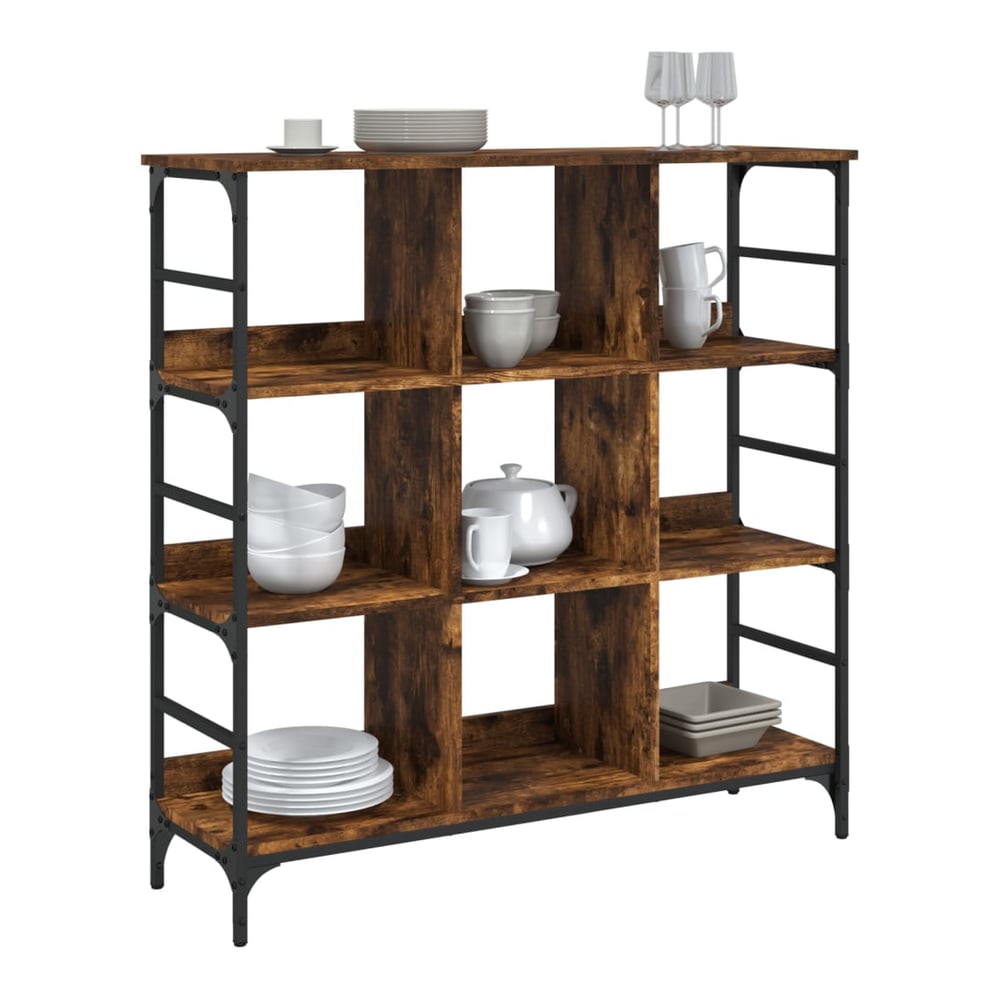 Buffets & Sideboards with kitchenware on its shelves, showing the smoked oak finish