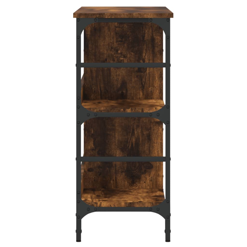 The sideboard viewed from the side showing the black metal frame and wood shelf structure
