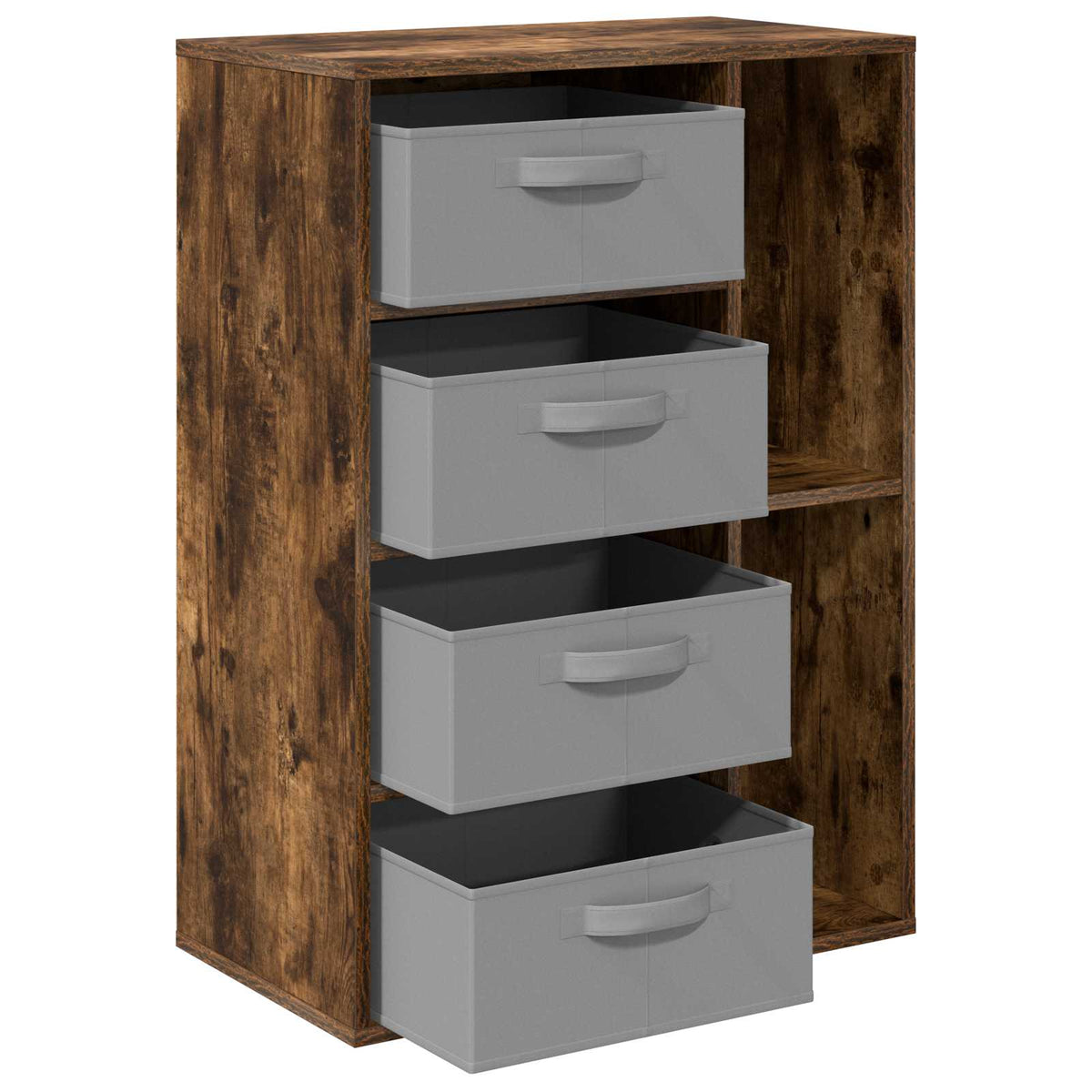 the sideboard with the bottom grey fabric drawer pulled out slightly