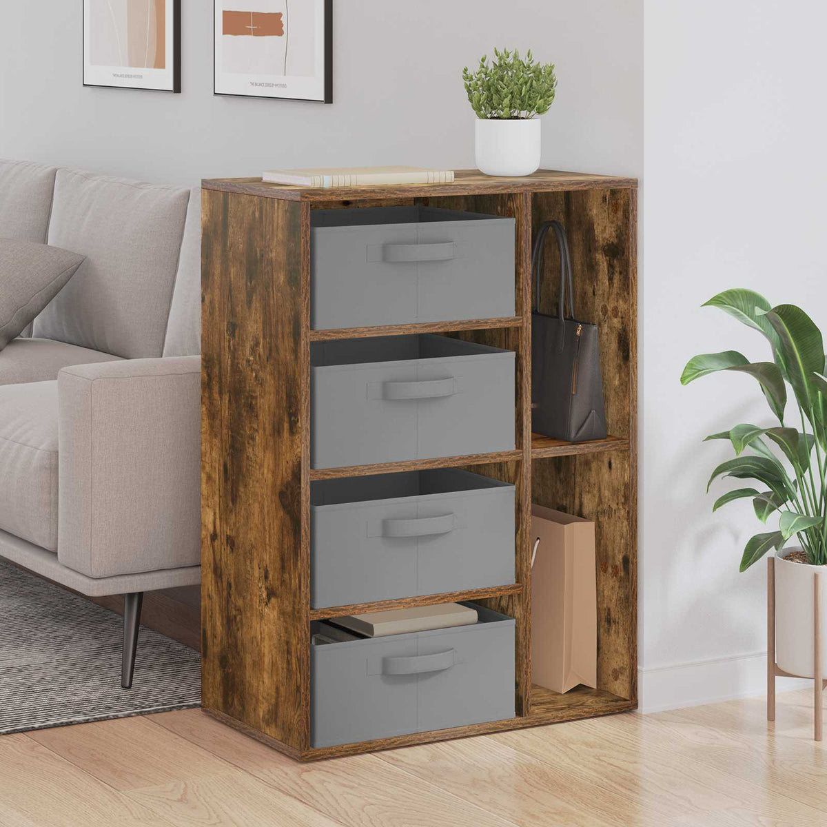 vidaXL Sideboard Smoked Oak placed in a living room next to a sofa with a plant on top