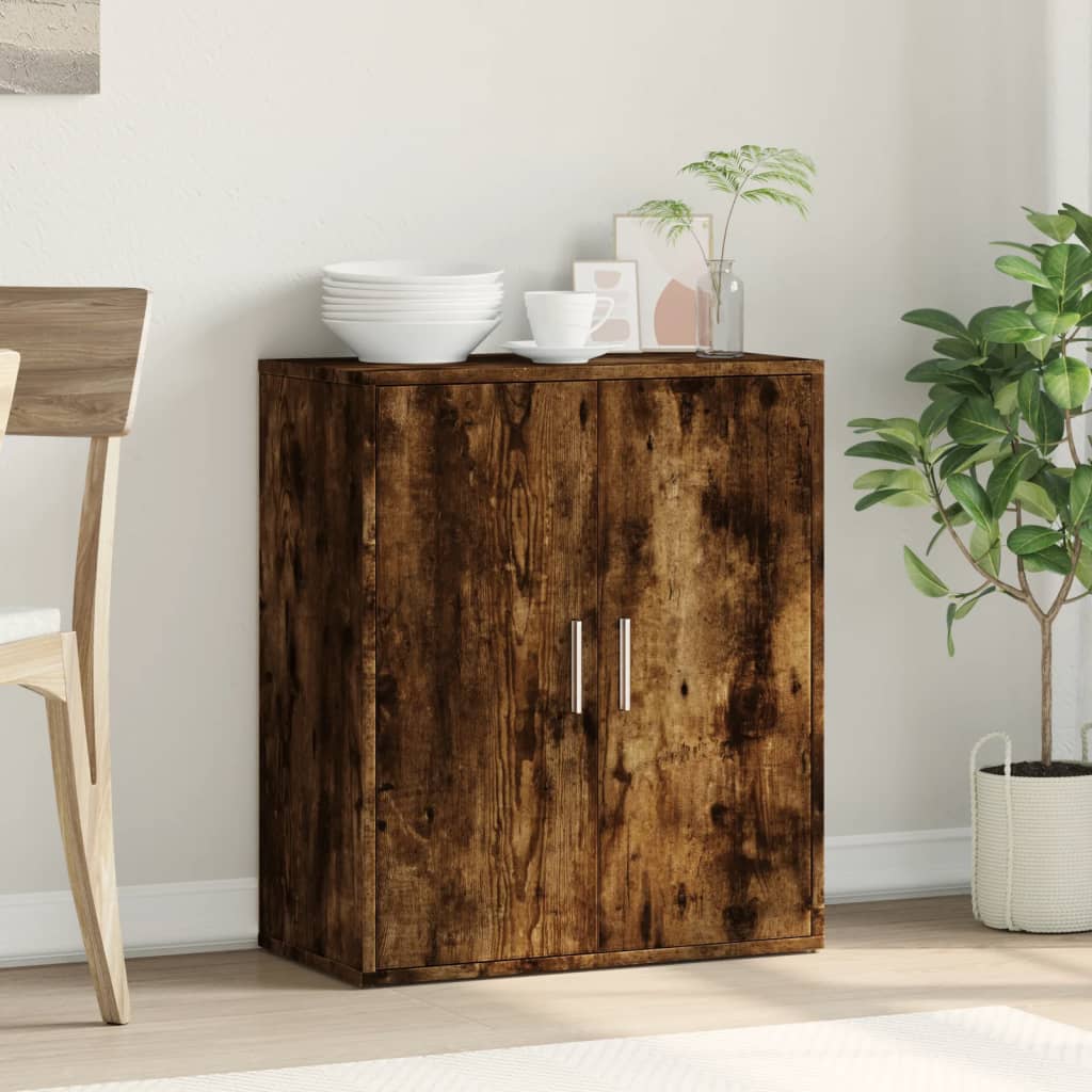 Sideboard in a room setting with plates and cups on top and inside