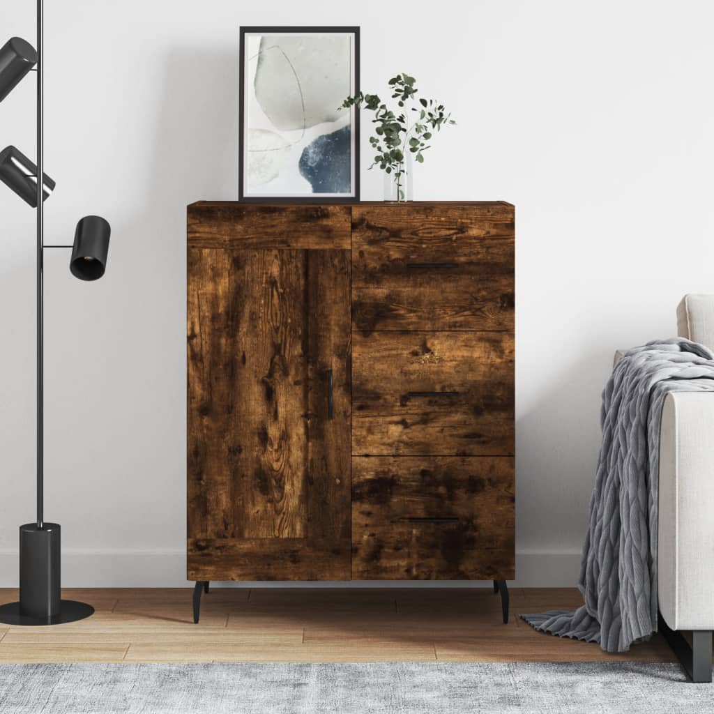 vidaXL Sideboard Smoked Oak Engineered Wood placed in a living room next to a floor lamp