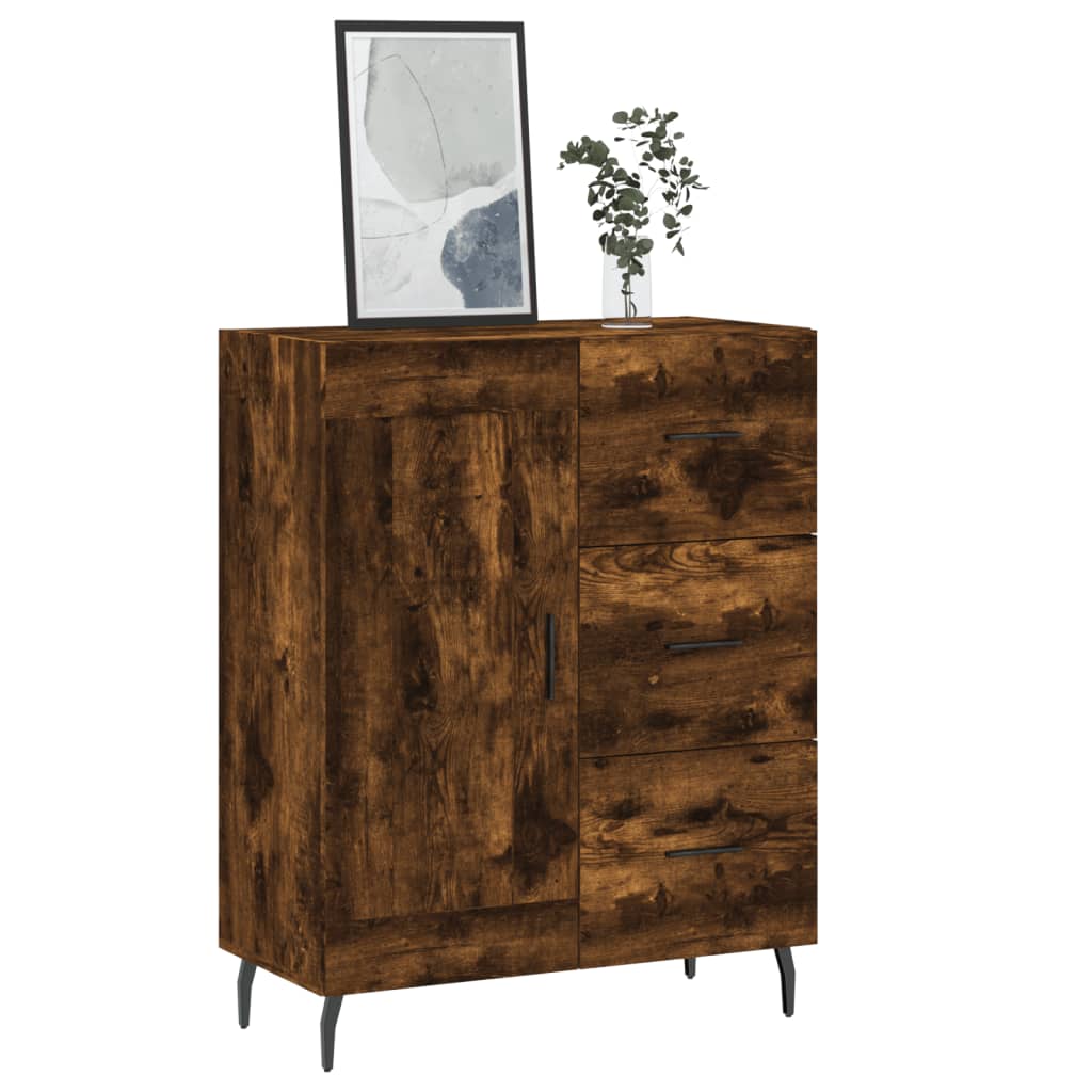 The wooden sideboard with one door and three drawers standing on thin black metal legs