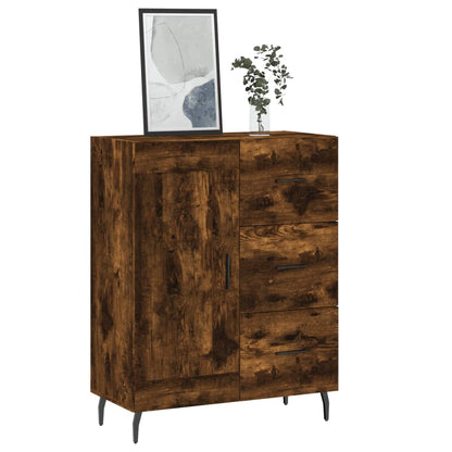 The wooden sideboard with one door and three drawers standing on thin black metal legs