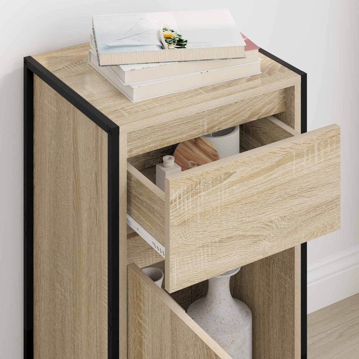 The sideboard with its drawer and cupboard door open, showing storage space inside