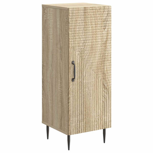 The tall sideboard with a textured wooden door and black metal legs on a white background