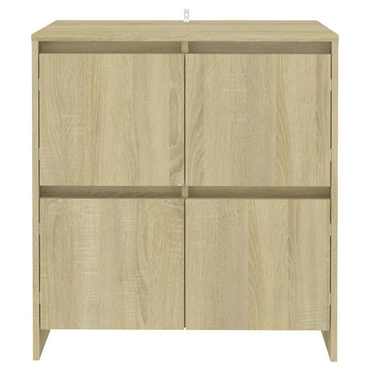 A closed sideboard with a light wood grain finish and four doors