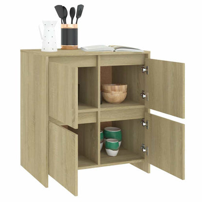 The sideboard with open doors displays kitchenware and bowls inside