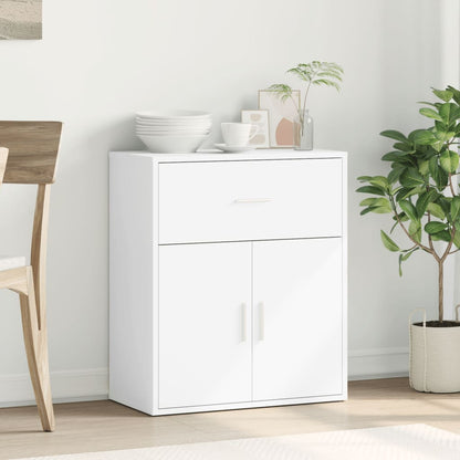 The white sideboard in a room setting with plates and cups on top