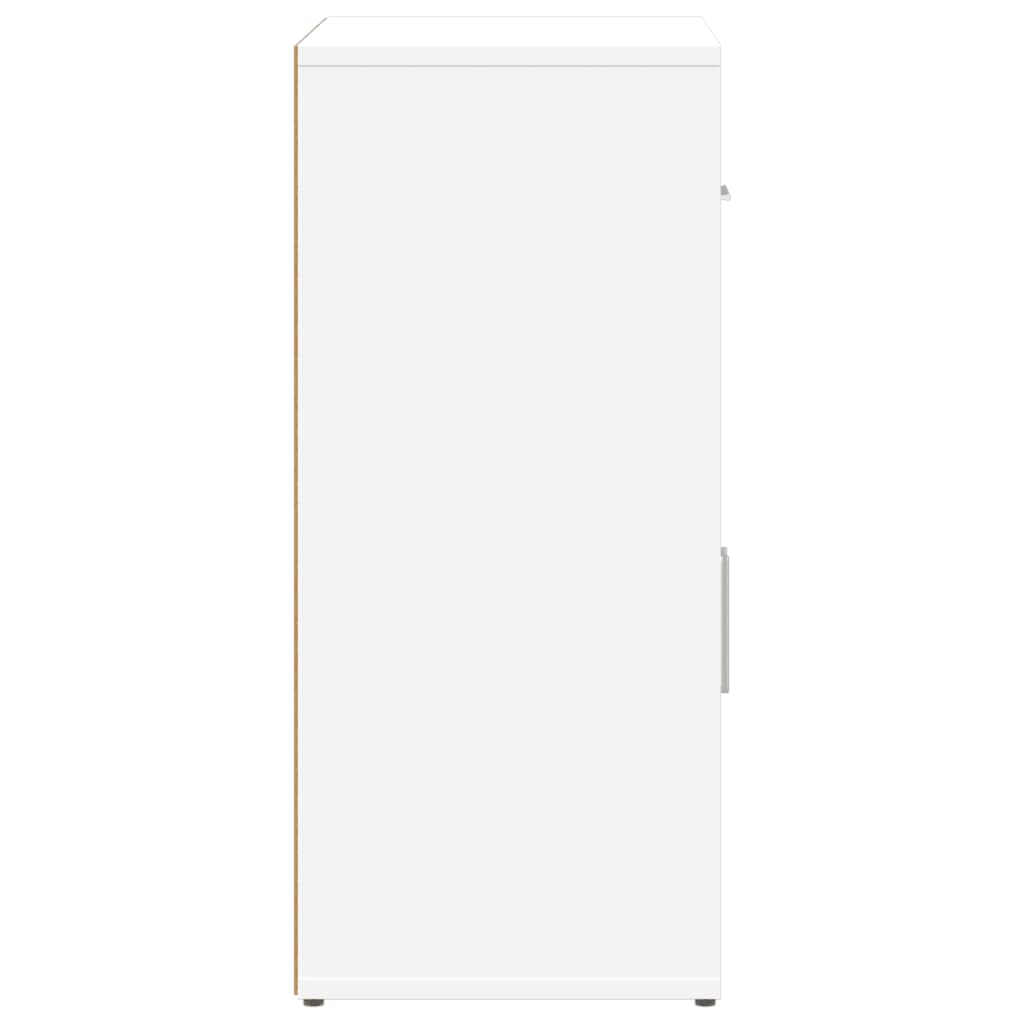 The side view of the white sideboard showing its depth and a handle