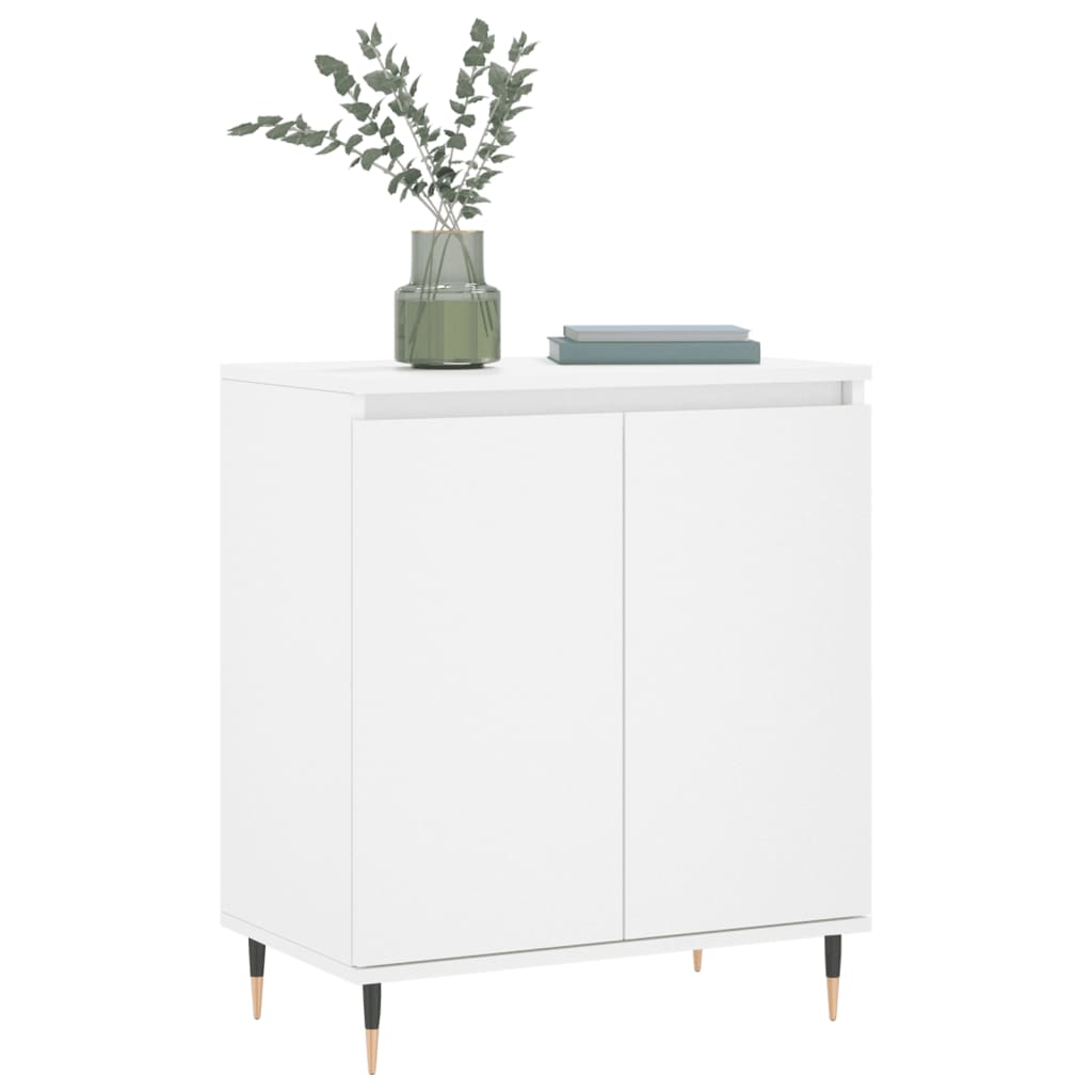 White sideboard with two doors and decorative vase on top
