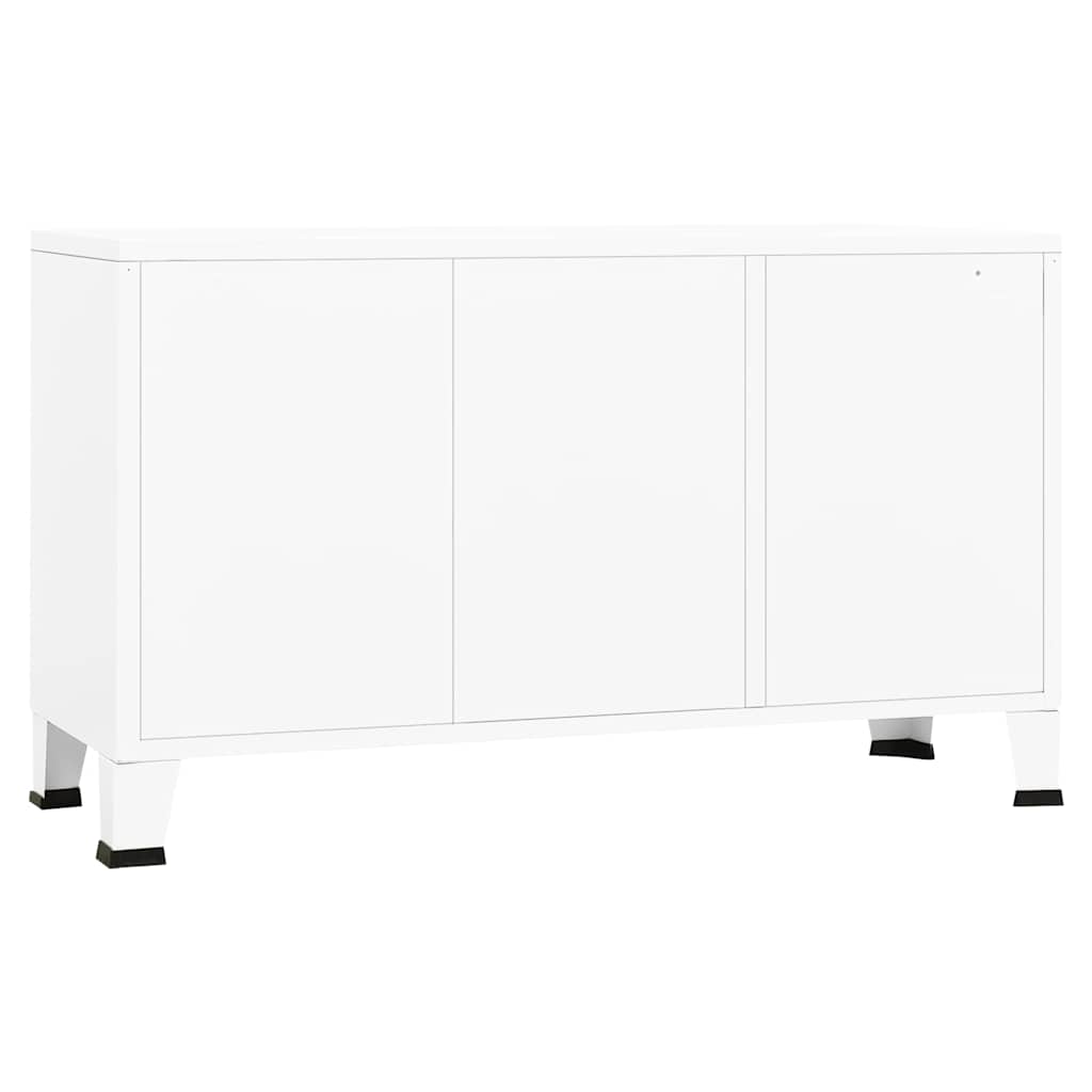 The white metal sideboard seen from the back showing the smooth solid metal surface
