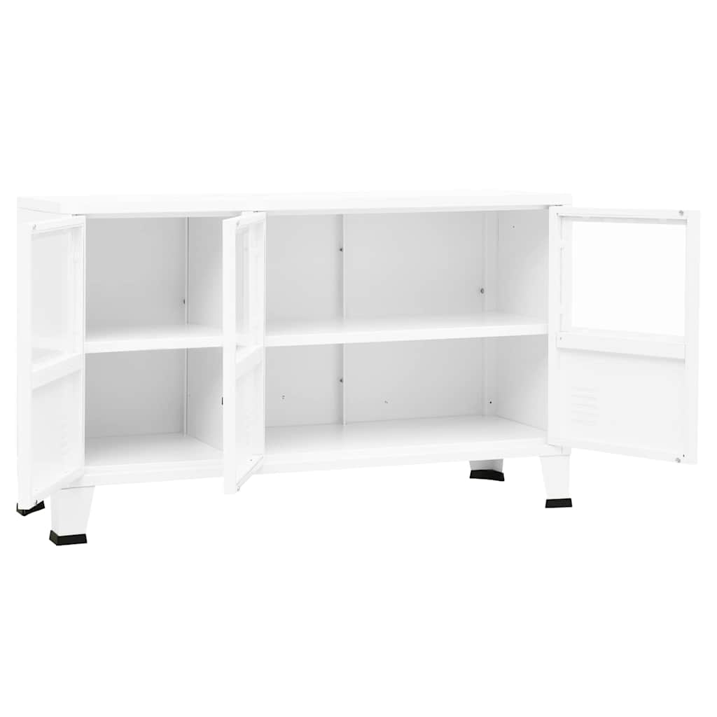 The white metal sideboard with all three cabinet doors open revealing internal shelves