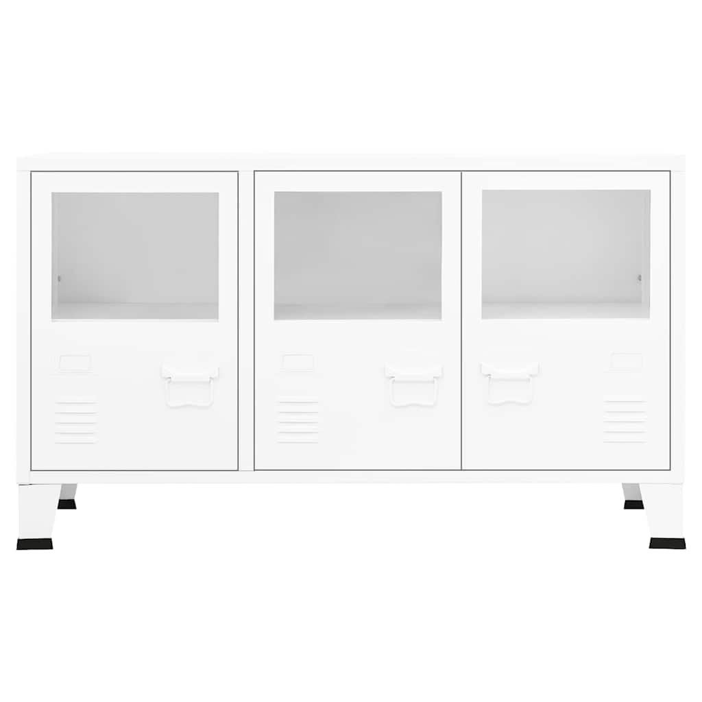 The white metal sideboard featuring three glass panels and metal handles from the front