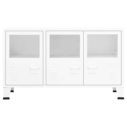 The white metal sideboard featuring three glass panels and metal handles from the front