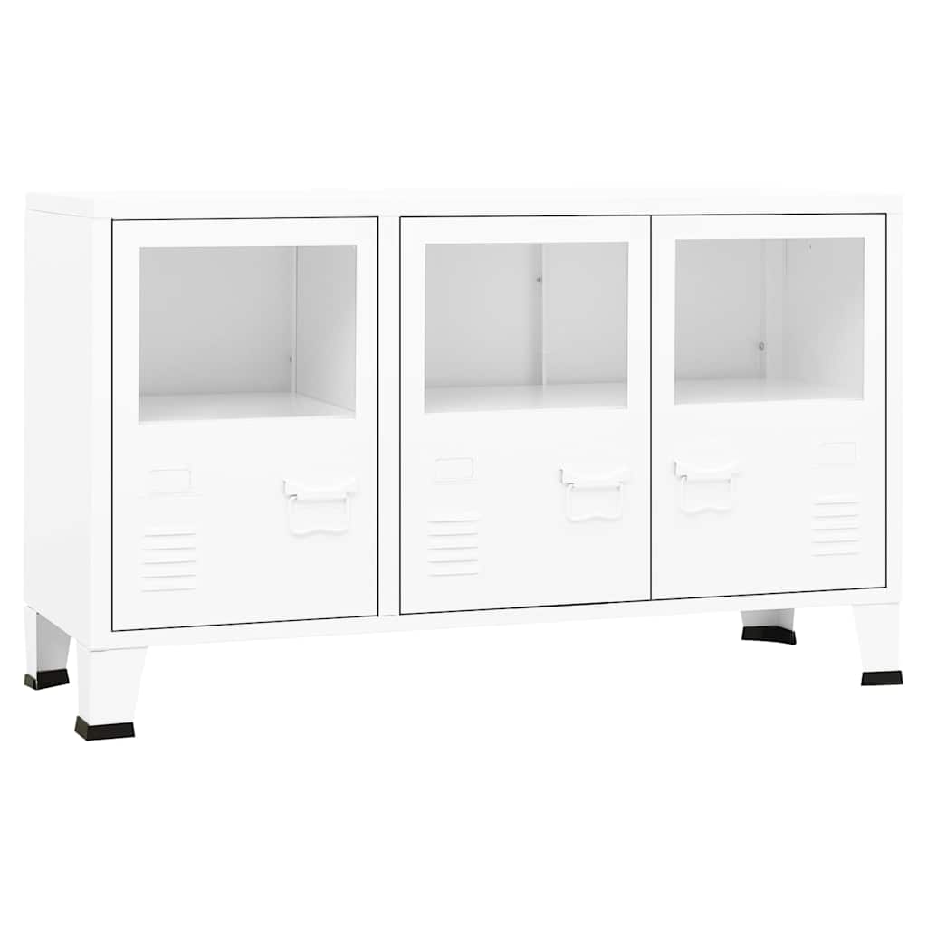 The white metal sideboard with three glass cabinet doors shown from a high angle