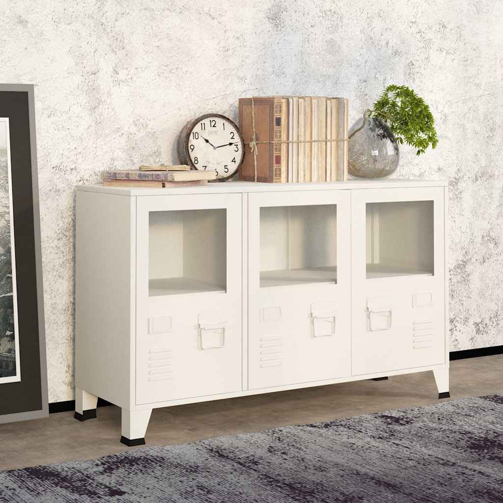 vidaXL Industrial Sideboard White Metal and Glass styled in a living room with books and a clock