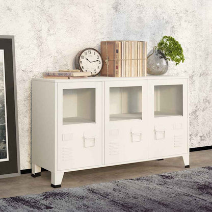 vidaXL Industrial Sideboard White Metal and Glass styled in a living room with books and a clock