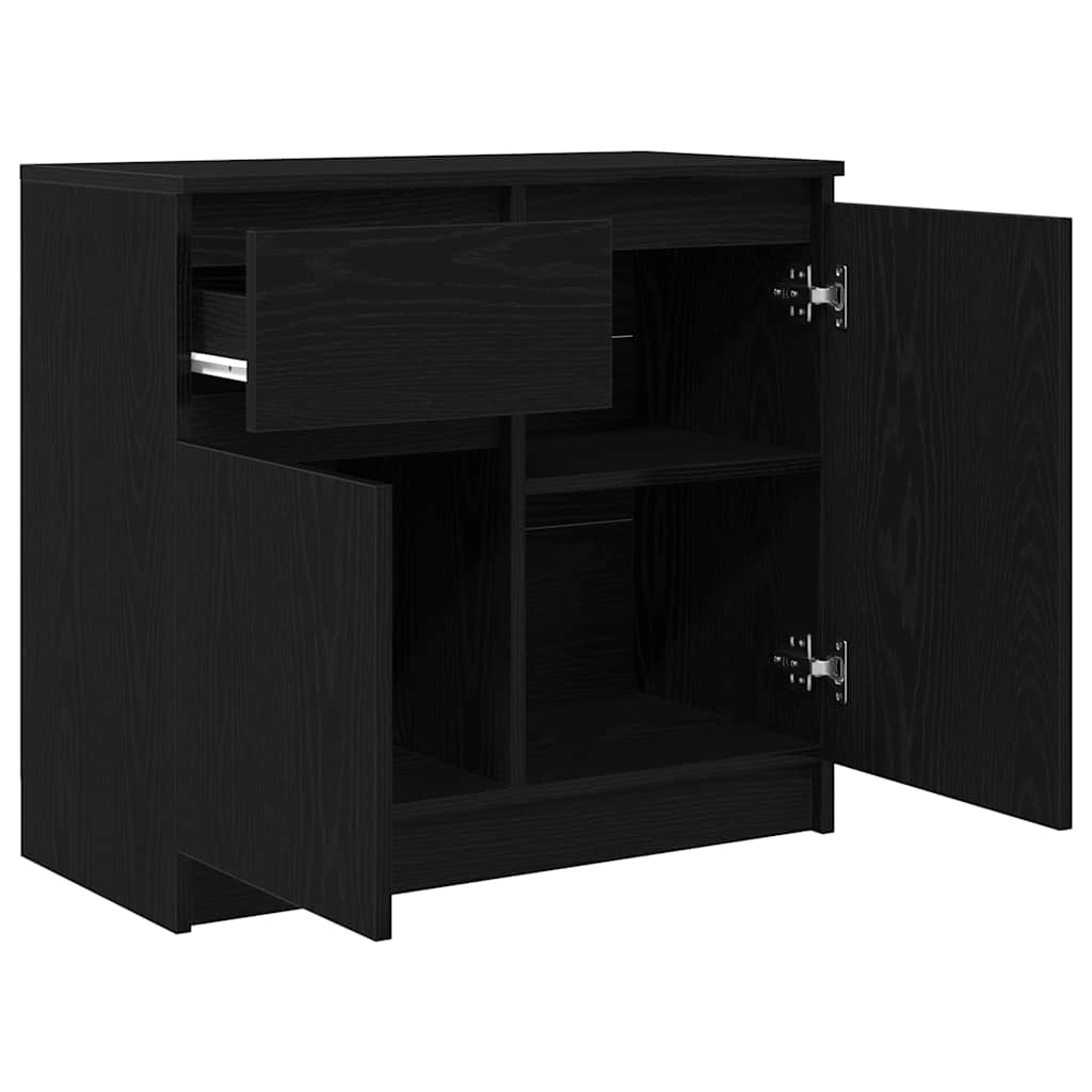 The black sideboard with the drawer and cabinet doors open to show the interior