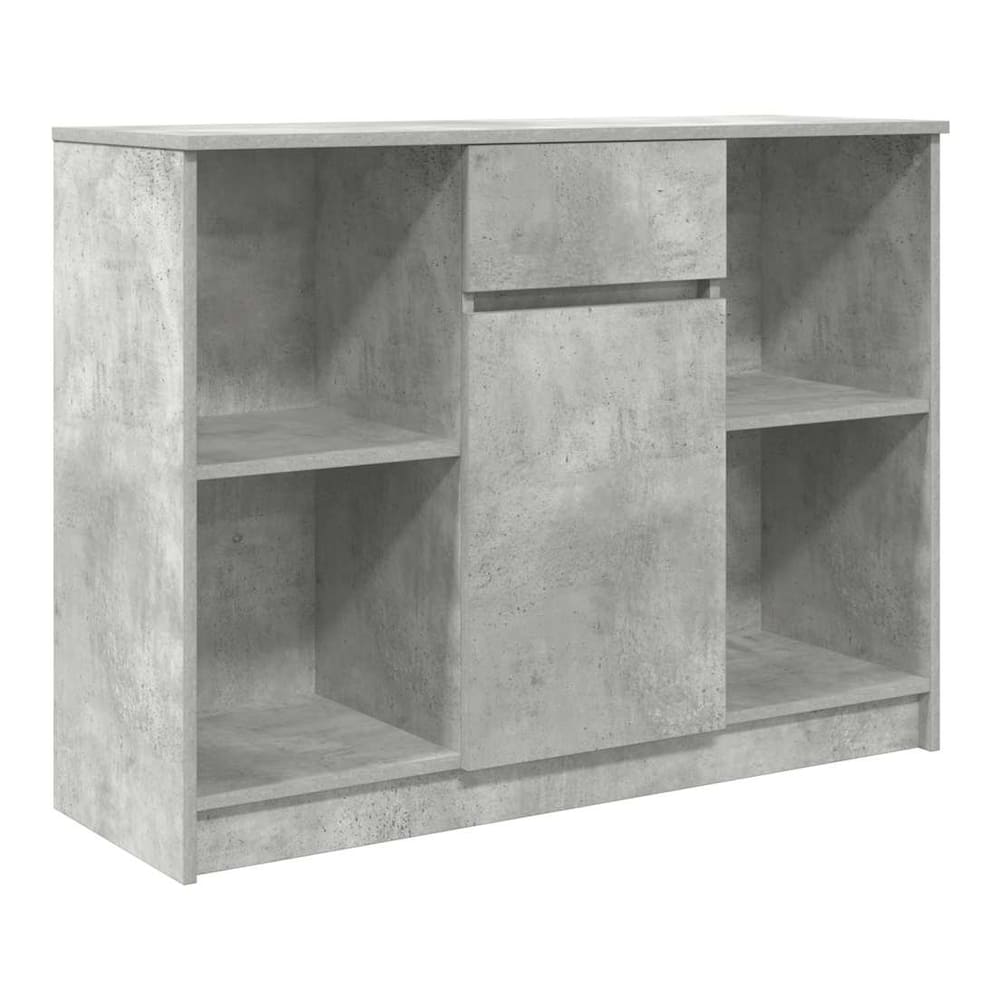 the sideboard with drawer, showing its concrete grey finish and shelving