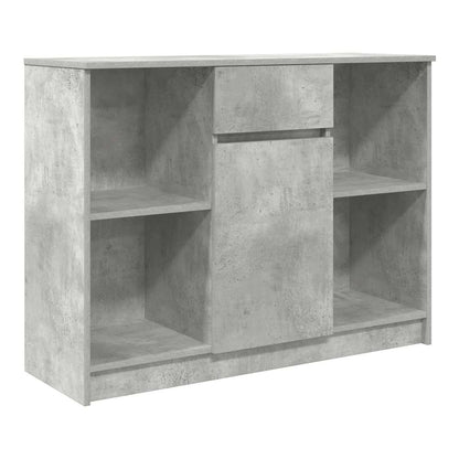 the sideboard with drawer, showing its concrete grey finish and shelving