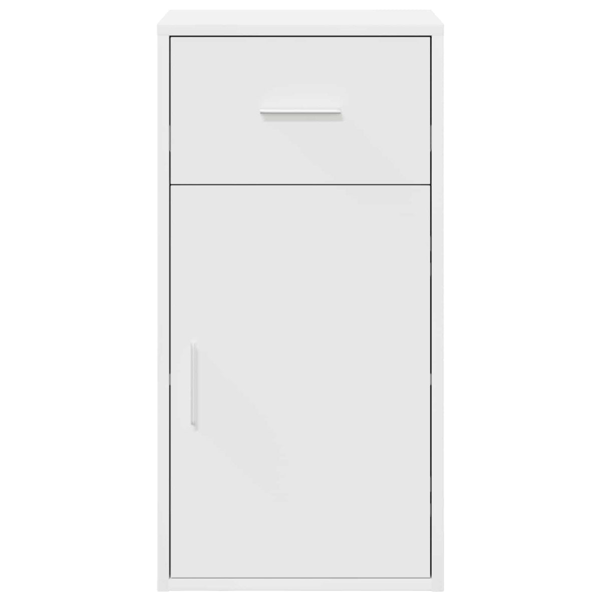 A white sideboard with a drawer and cupboard door, viewed from the side