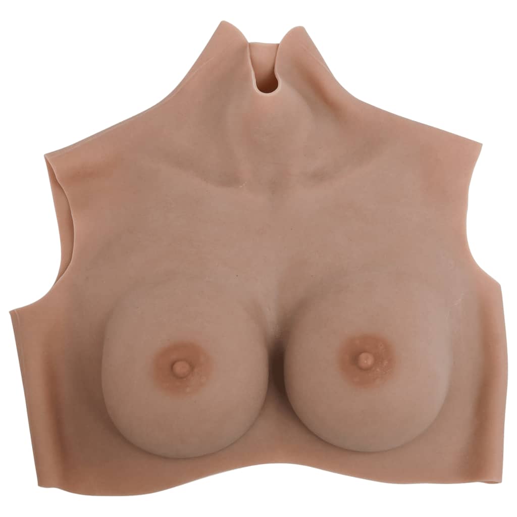 This tan silicone chest piece with D cup breasts is shown from the front, covering the chest and shoulders