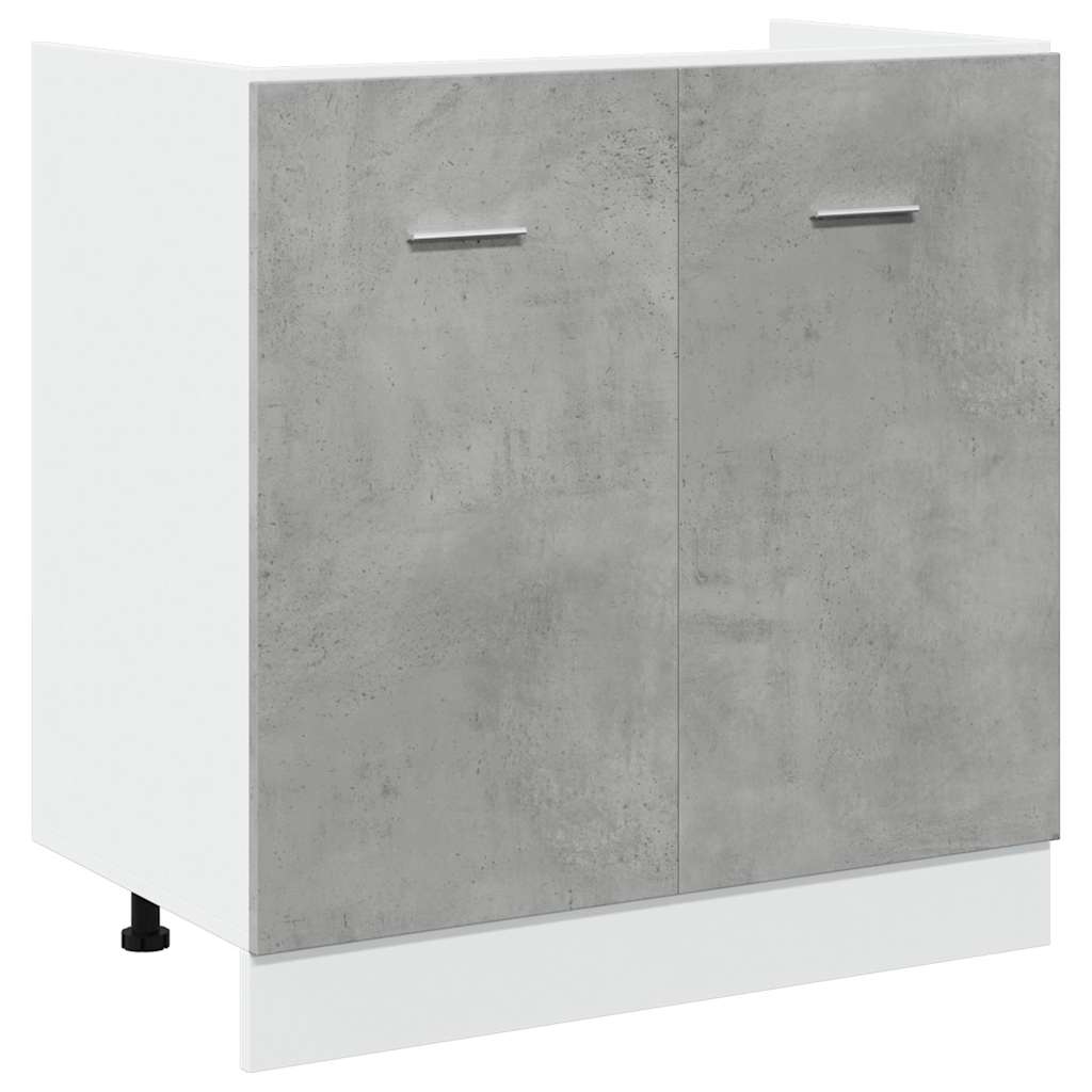 The concrete grey sink base cabinet with white sides and a white plinth