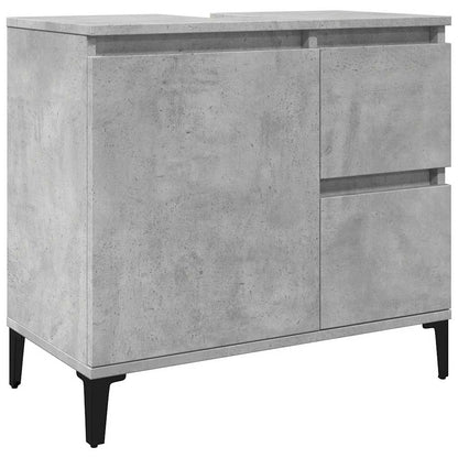 The sink cabinet with a concrete grey finish and black legs, shown from the front left