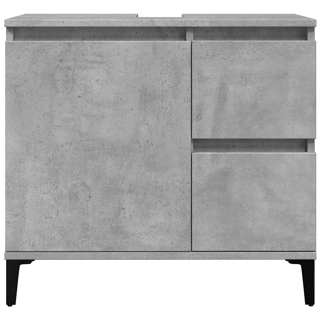 The sink cabinet with a concrete grey finish and black legs, shown from the front