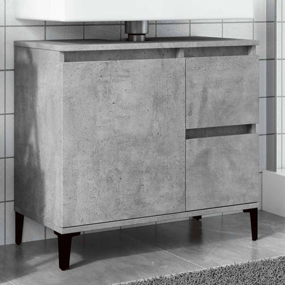 vidaXL Sink Cabinet Concrete Grey Engineered Wood placed in a tiled bathroom under a white sink