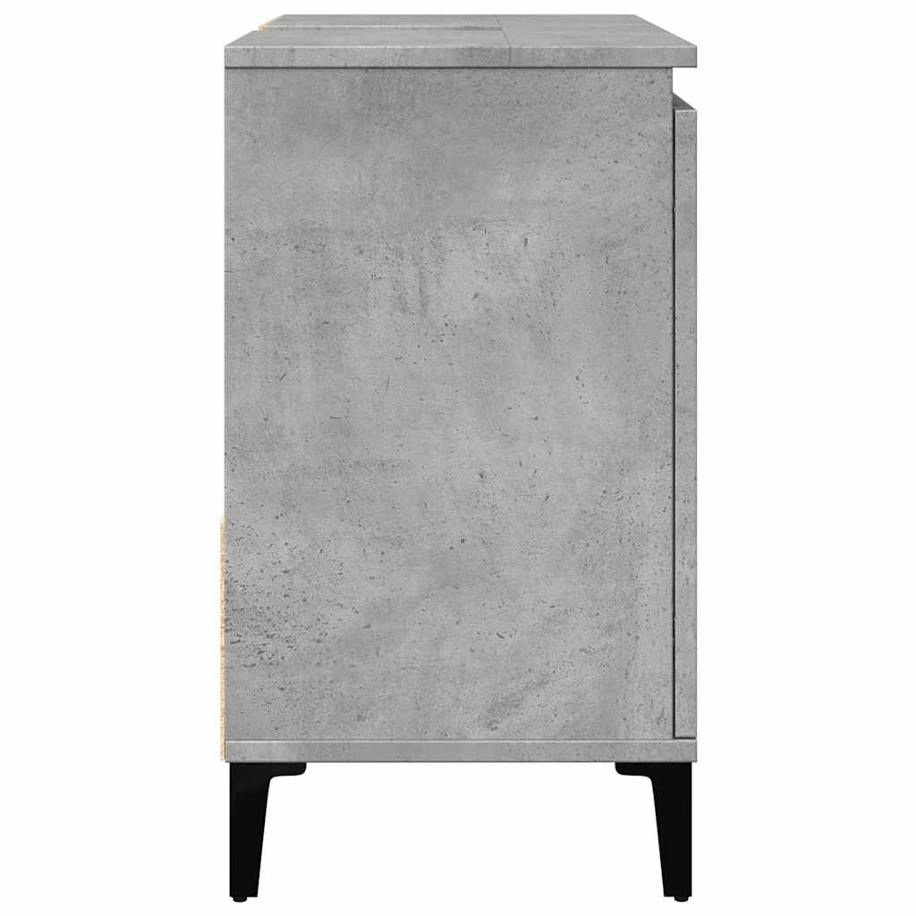 The bathroom vanity unit viewed from the side showing the concrete grey finish and legs
