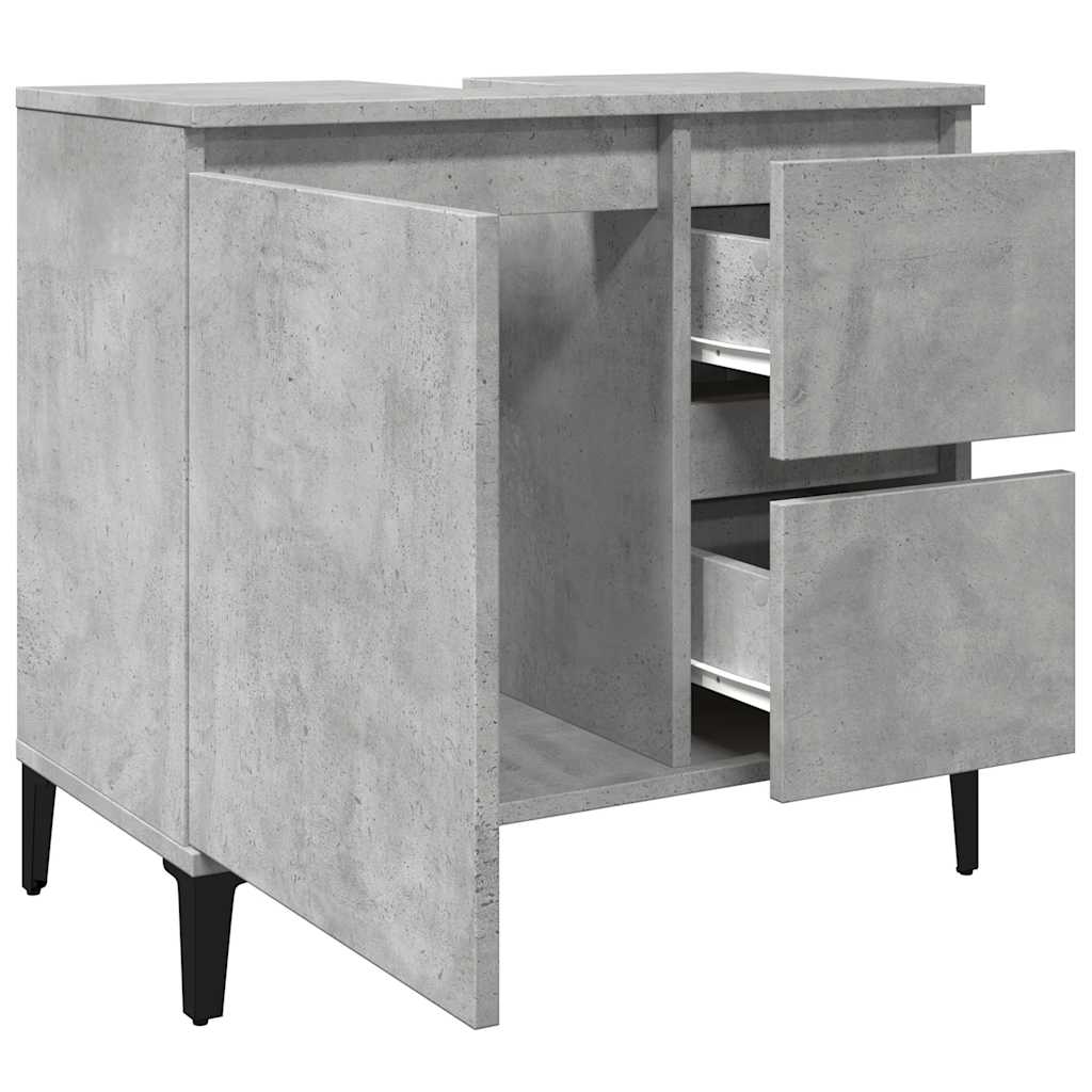 The bathroom vanity unit with the cabinet door open and two drawers pulled out