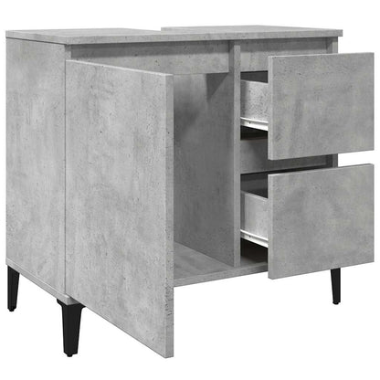 The bathroom vanity unit with the cabinet door open and two drawers pulled out
