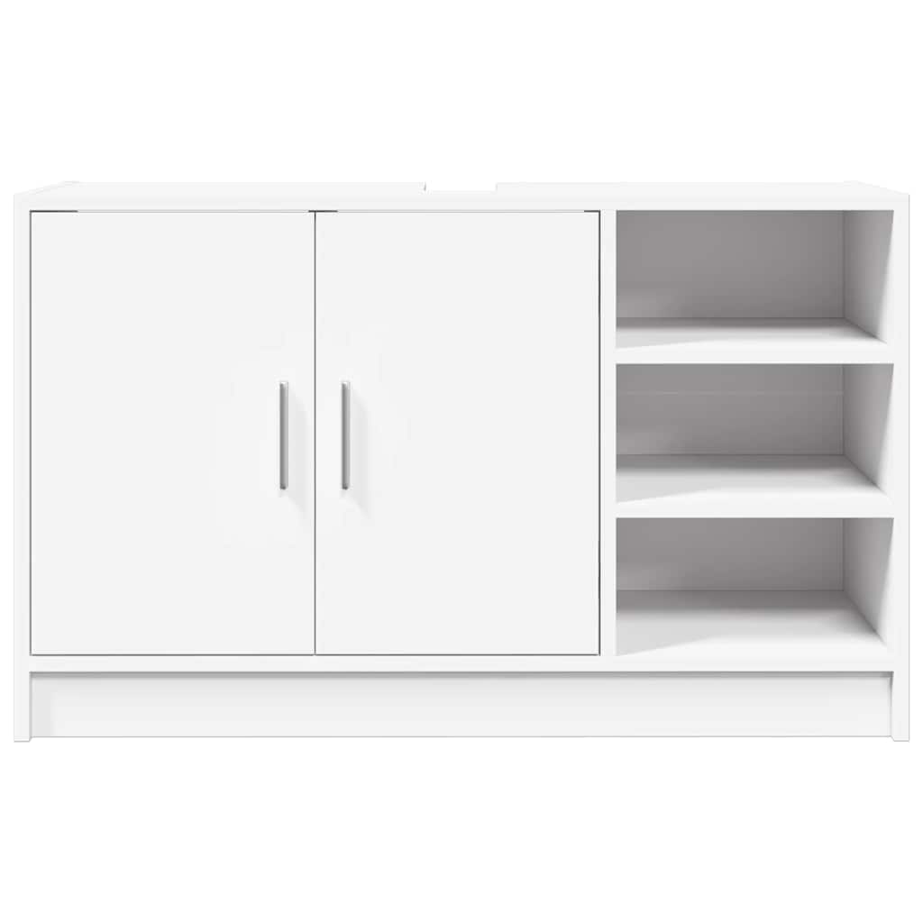 The white cabinet shown directly from the front with doors closed and empty shelves
