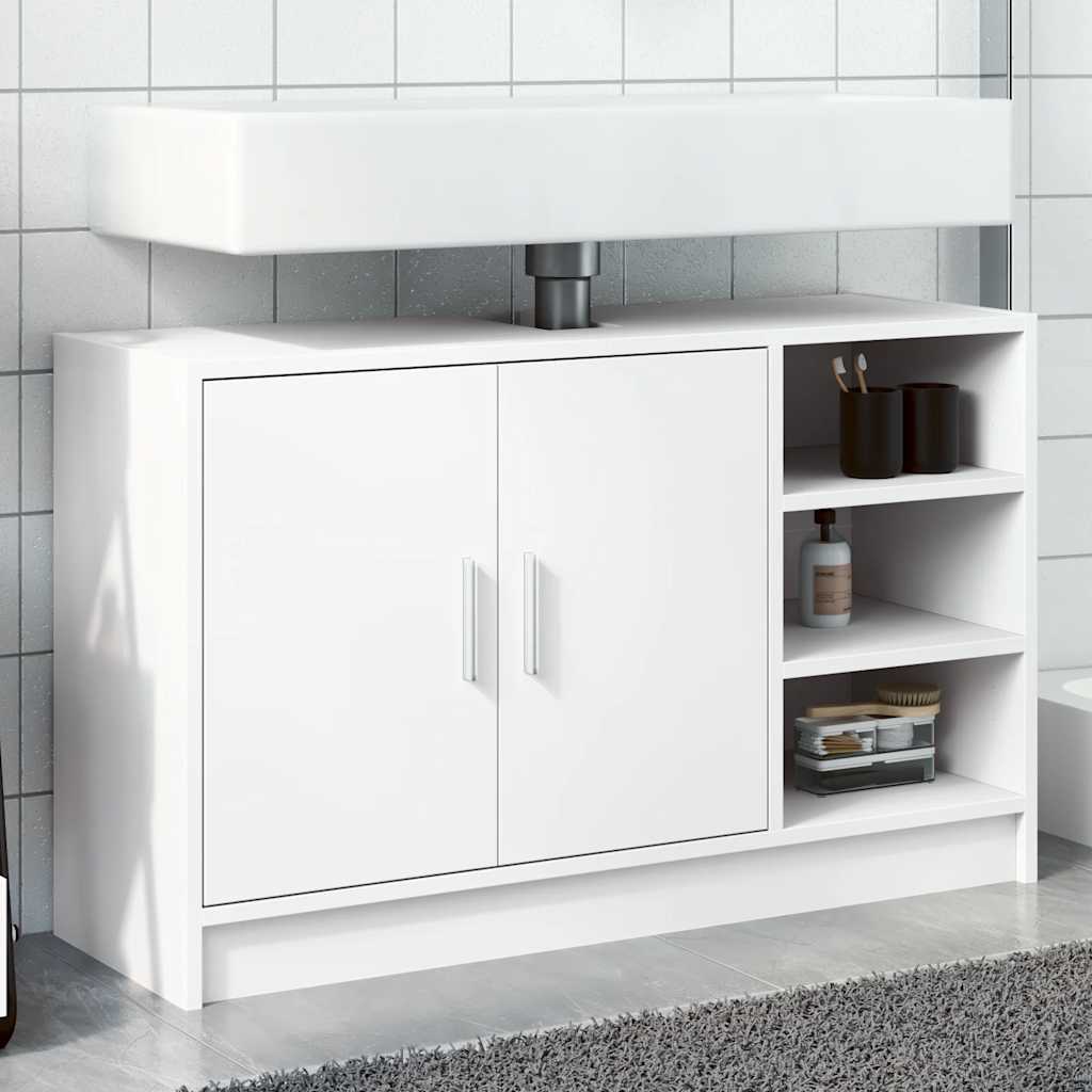 vidaXL Sink Cabinet White Engineered Wood with a basin on top and toiletries on open shelves