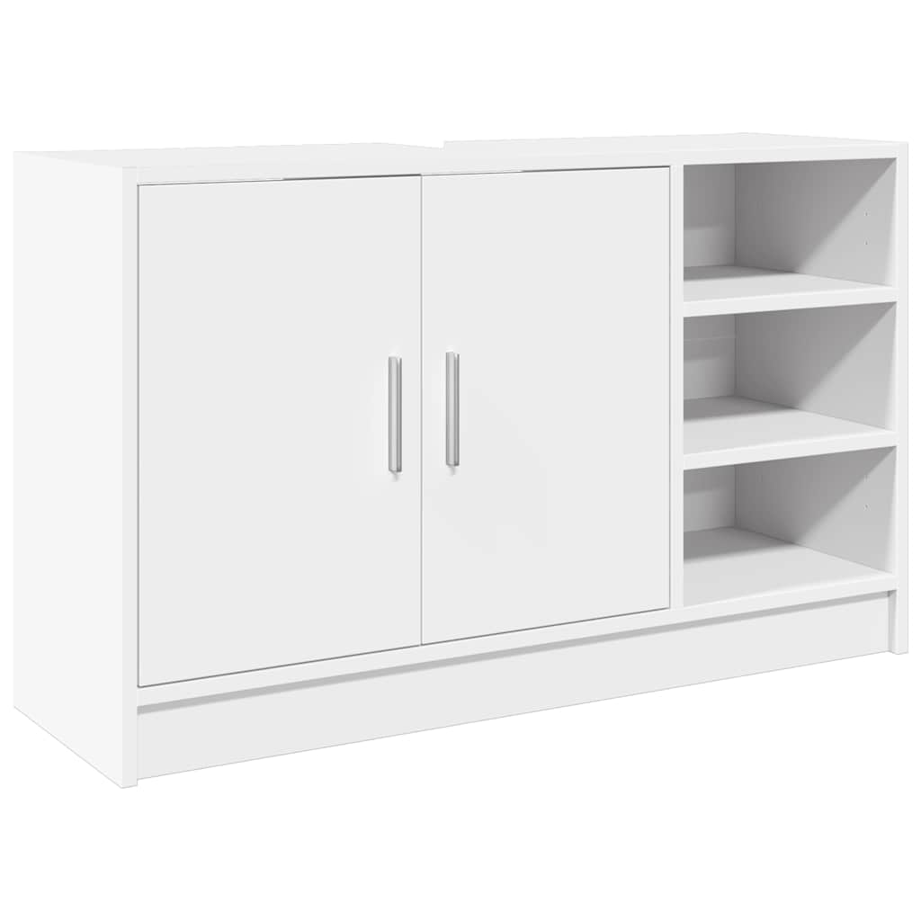 The white bathroom cabinet with two doors and three open side shelves on a plain background