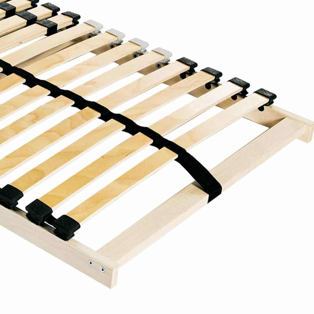 close up of the wooden slatted bed base showing the end frame and slats