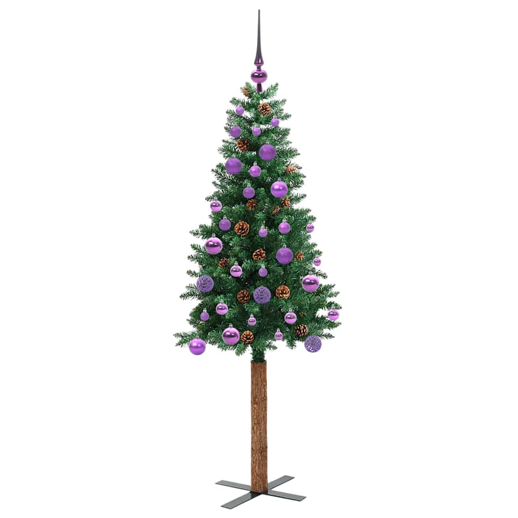 The slim Christmas tree with purple ornaments and lights on a metal cross stand