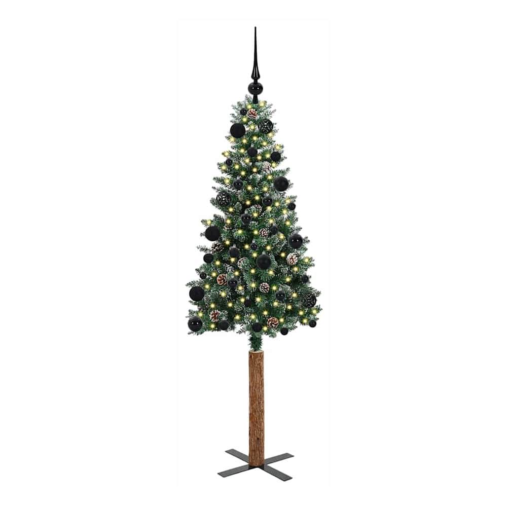 The green slim Christmas tree with a wooden base and black ornaments