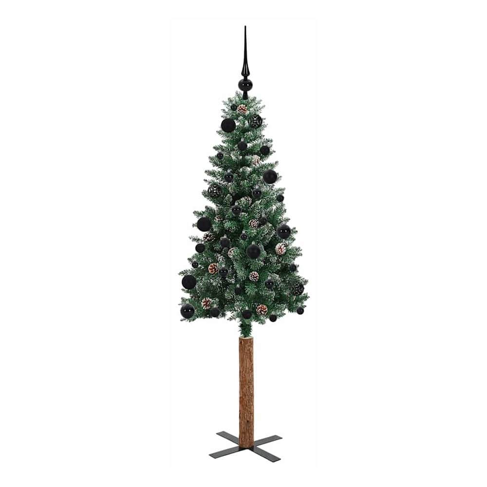 A slim green Christmas tree with a wooden stand and black decorations