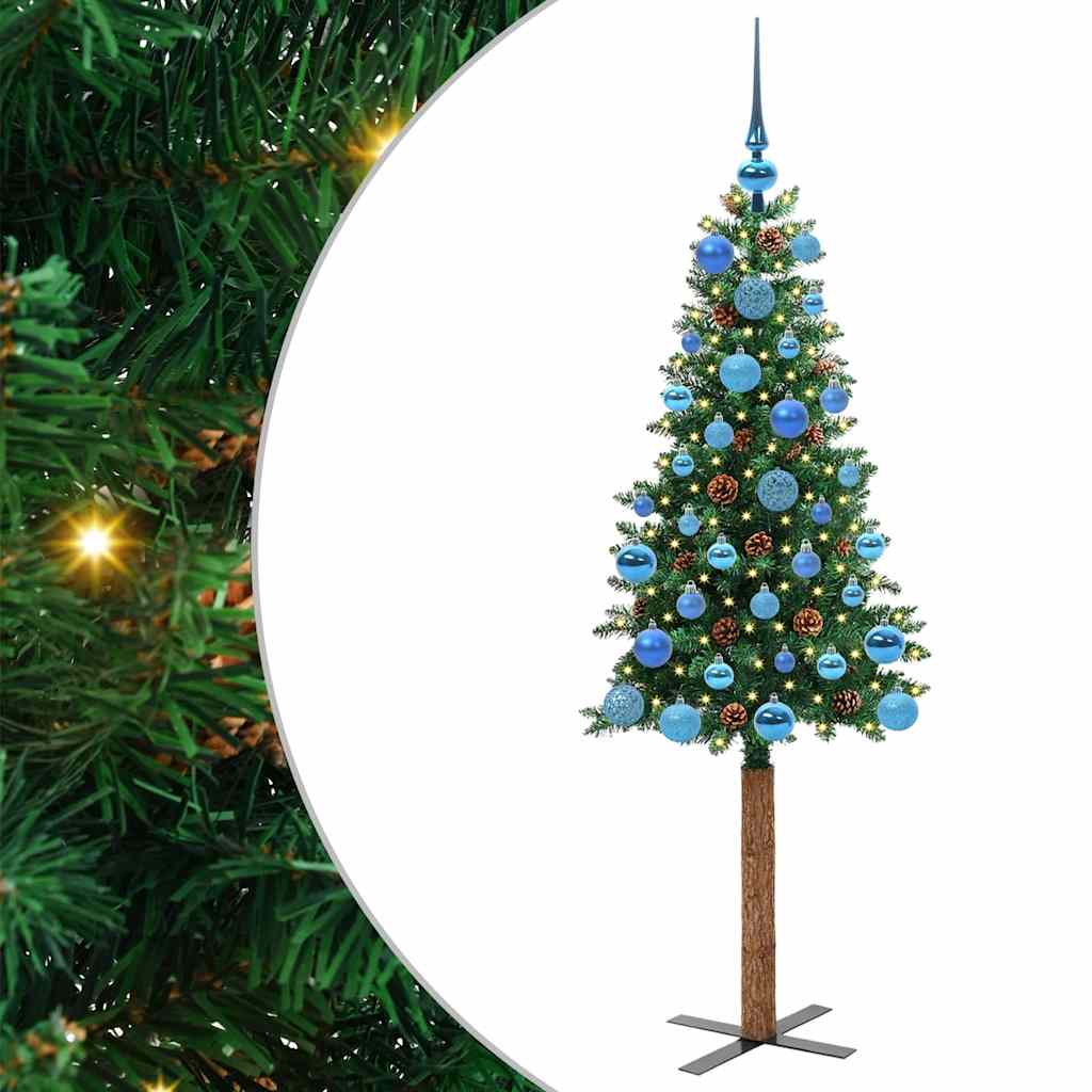 Slim Christmas Tree Green 150 cm PVC and Solid Pine wood with green branches and pine cones